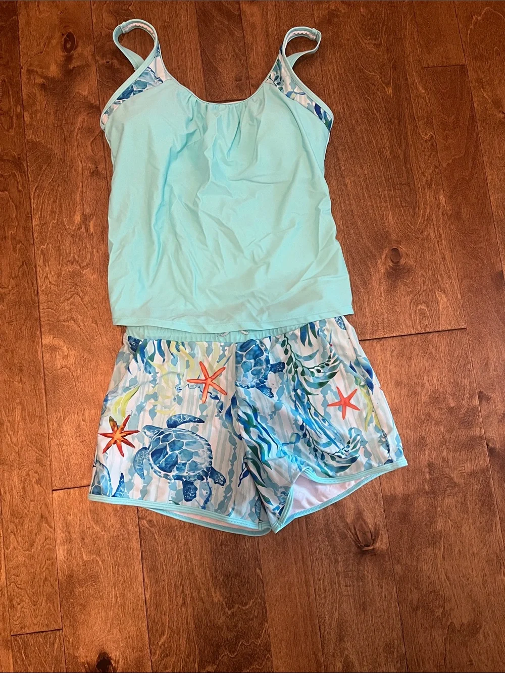 Girls' Aqua Sea Turtle Tankini with Ocean Print Shorts